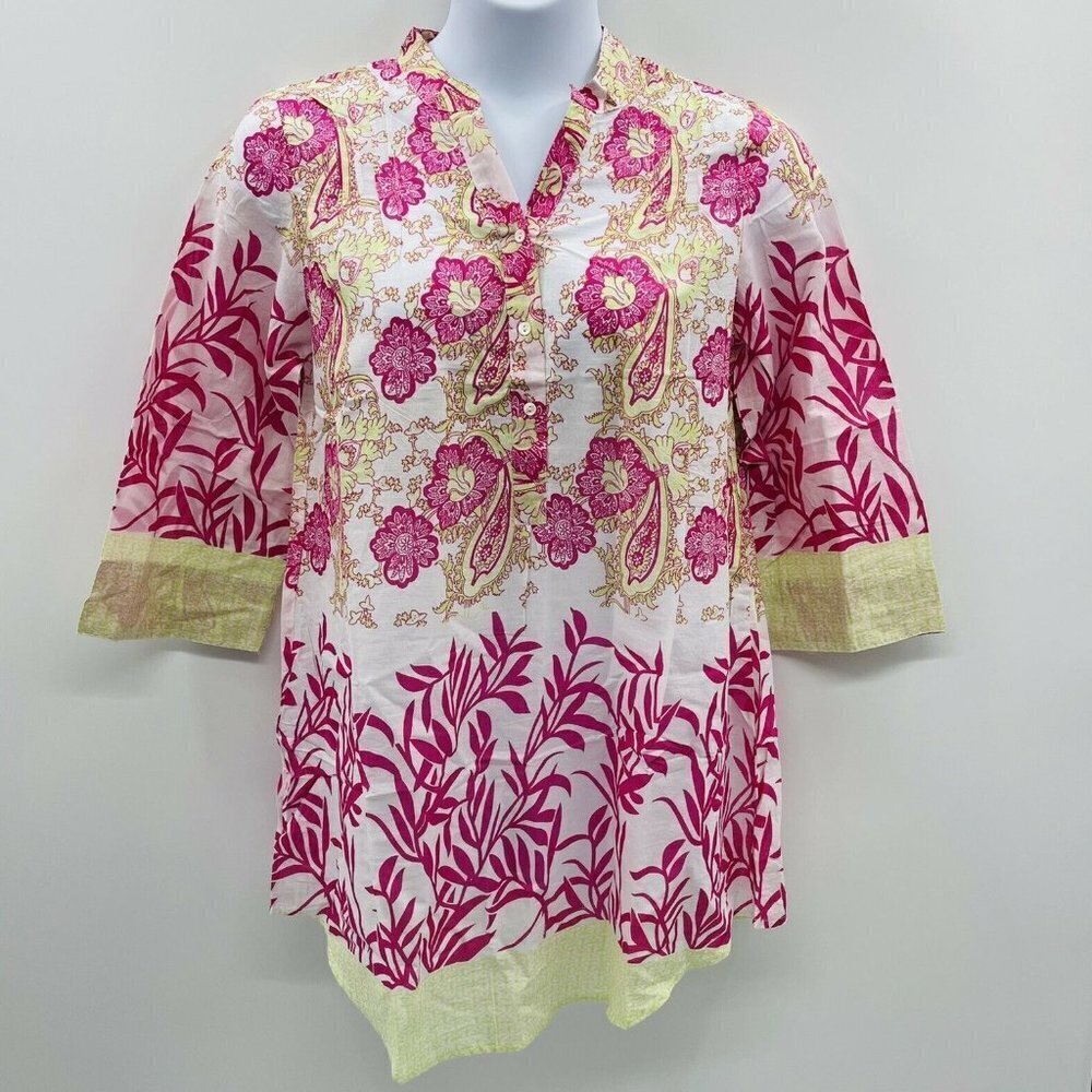 J Francis Womens Size Medium Cotton 3/4 Sleeve Paisley Swim Suit Cover Up Tunic